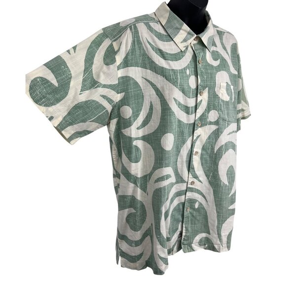 Quiksilver Size Large Mens Green White Abstract Hawaiian Aloha Button-Up Shirt - Picture 5 of 9
